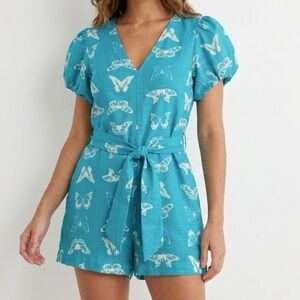 Lanca Perfume Turquoise Butterfly Balloon Sleeve Cotton Linen Romper Medium